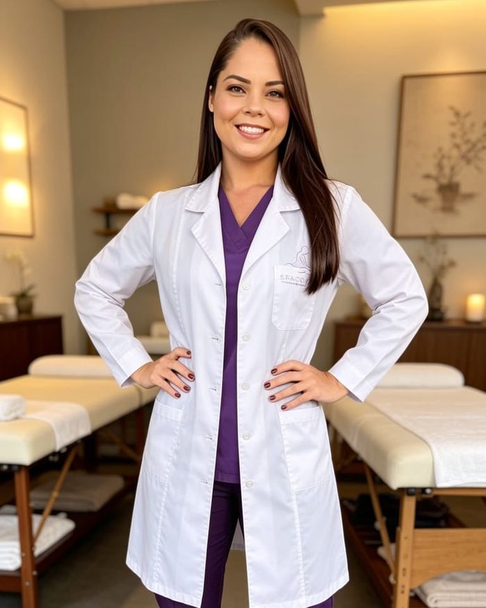 Geise de jaleco branco, sorrindo, em sala com macas