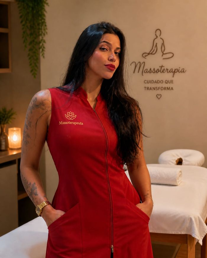 Mia de uniforme vermelho com o bordado Massoterapeuta
