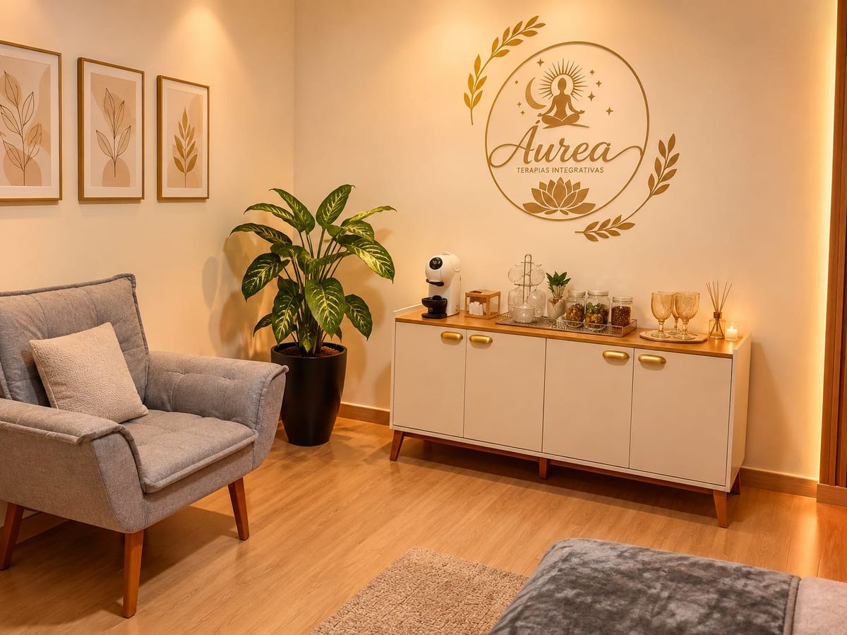 Recepção da Áurea com poltrona, planta, aparador com cafeteira e chás e o logo dourado na parede
